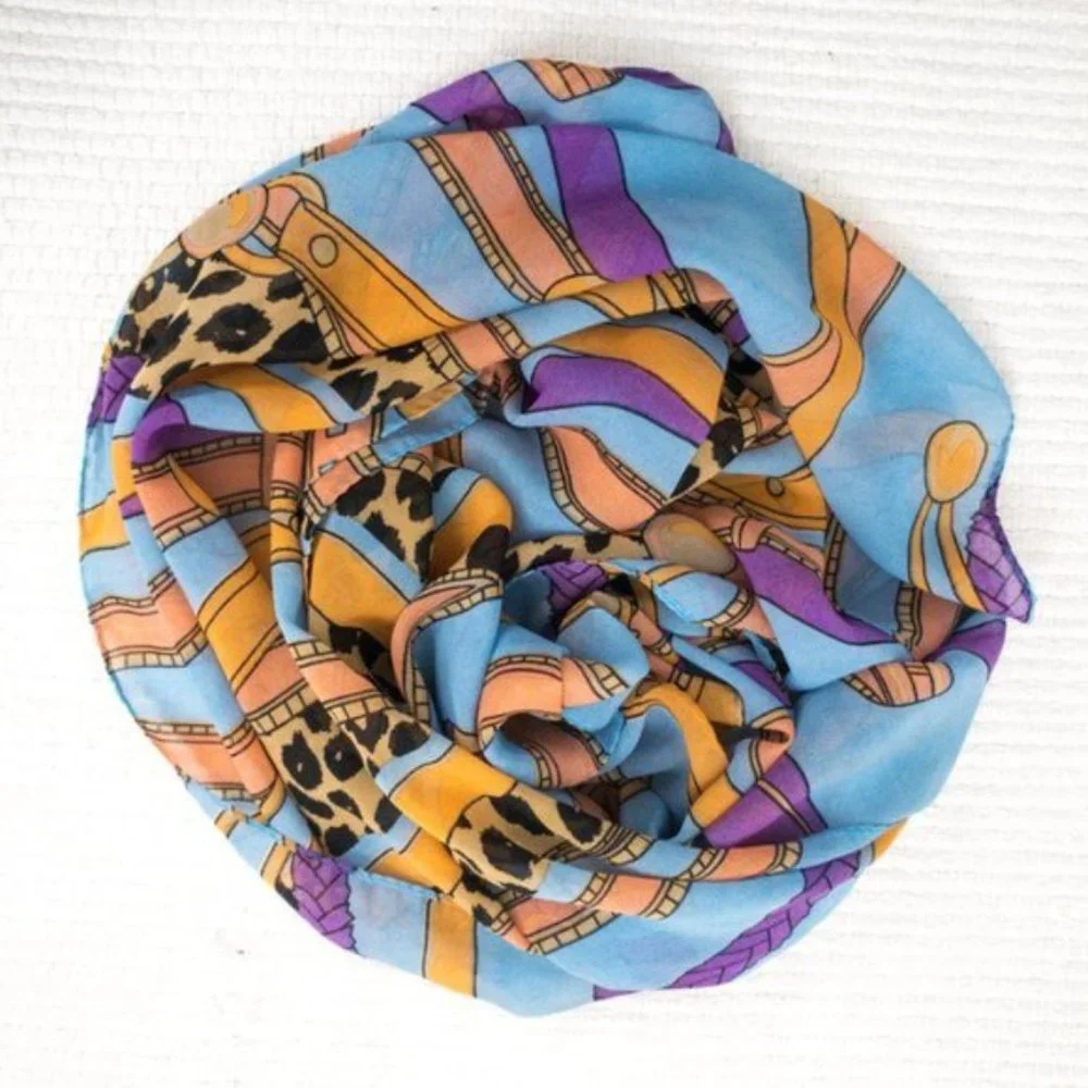 Vintage Scarf 80s 90s OS Silk Chiffon Fashion Graphic Print Blue - Picture 4 of 12